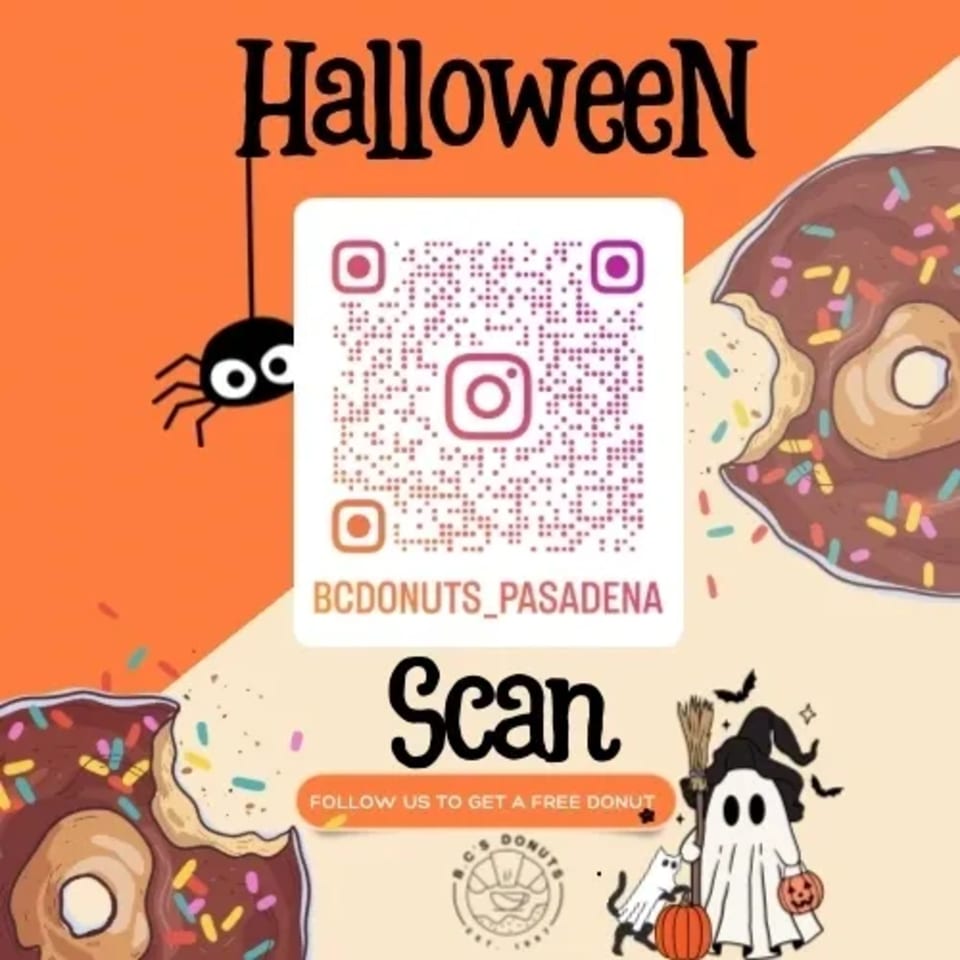 Halloween-themed B.C's Donuts advertisement with a QR code, donuts, spider, ghost, and pumpkins.