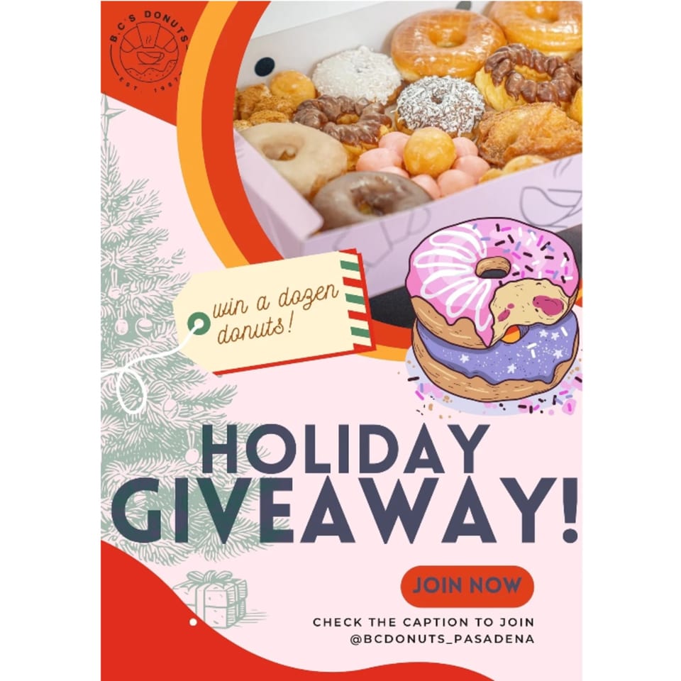 A B.C's Donuts holiday giveaway graphic featuring a box of assorted donuts and festive decorations.