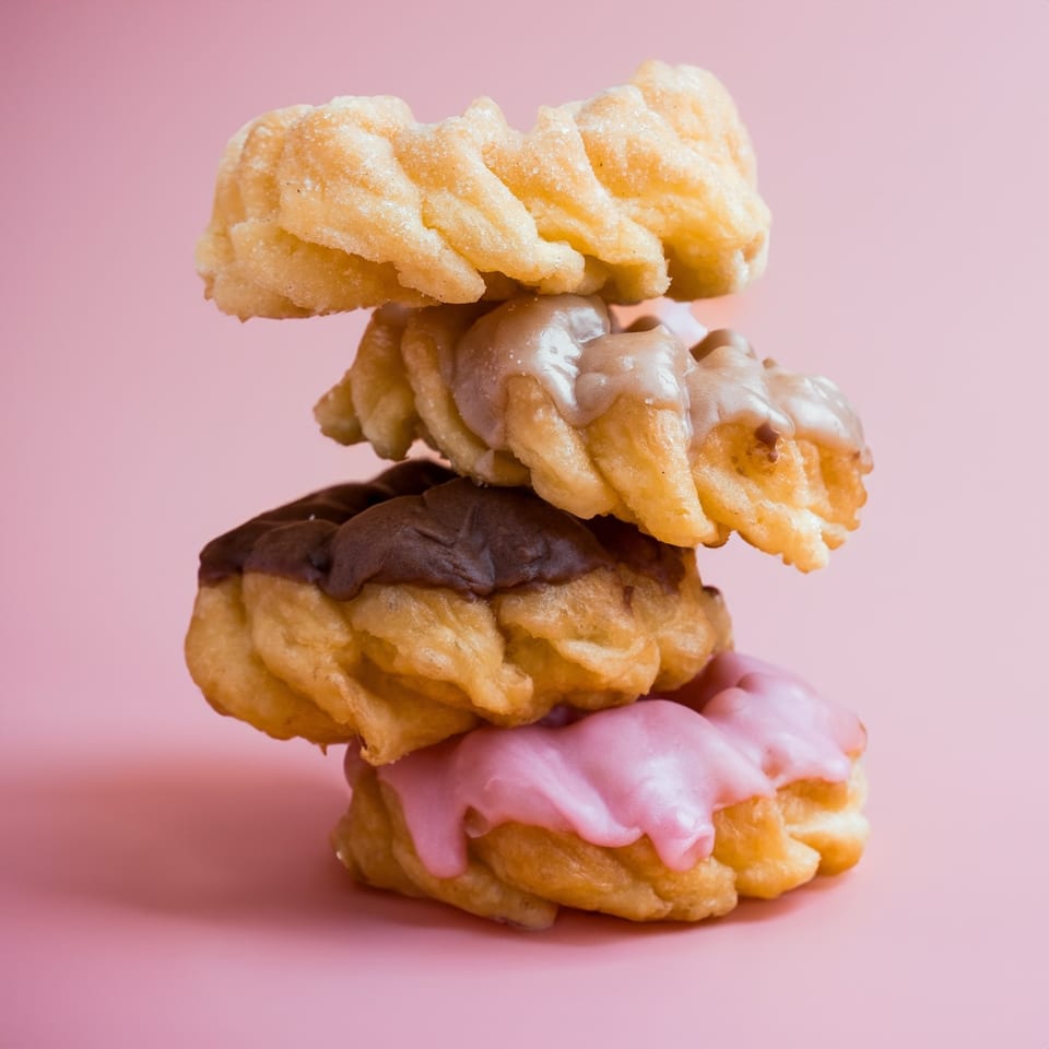 A stack of four B.C.'s Donuts crullers with different glazes on a pink background.
