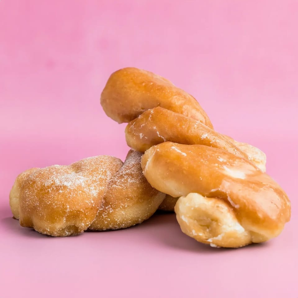 A pile of B.C's Donuts glazed and powdered sugar twist donuts on a pink background.