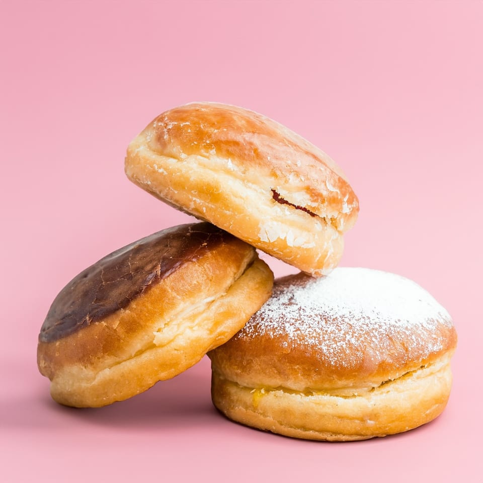 Three B.C's Donuts, one glazed, one chocolate, and one powdered, stacked on a pink background.