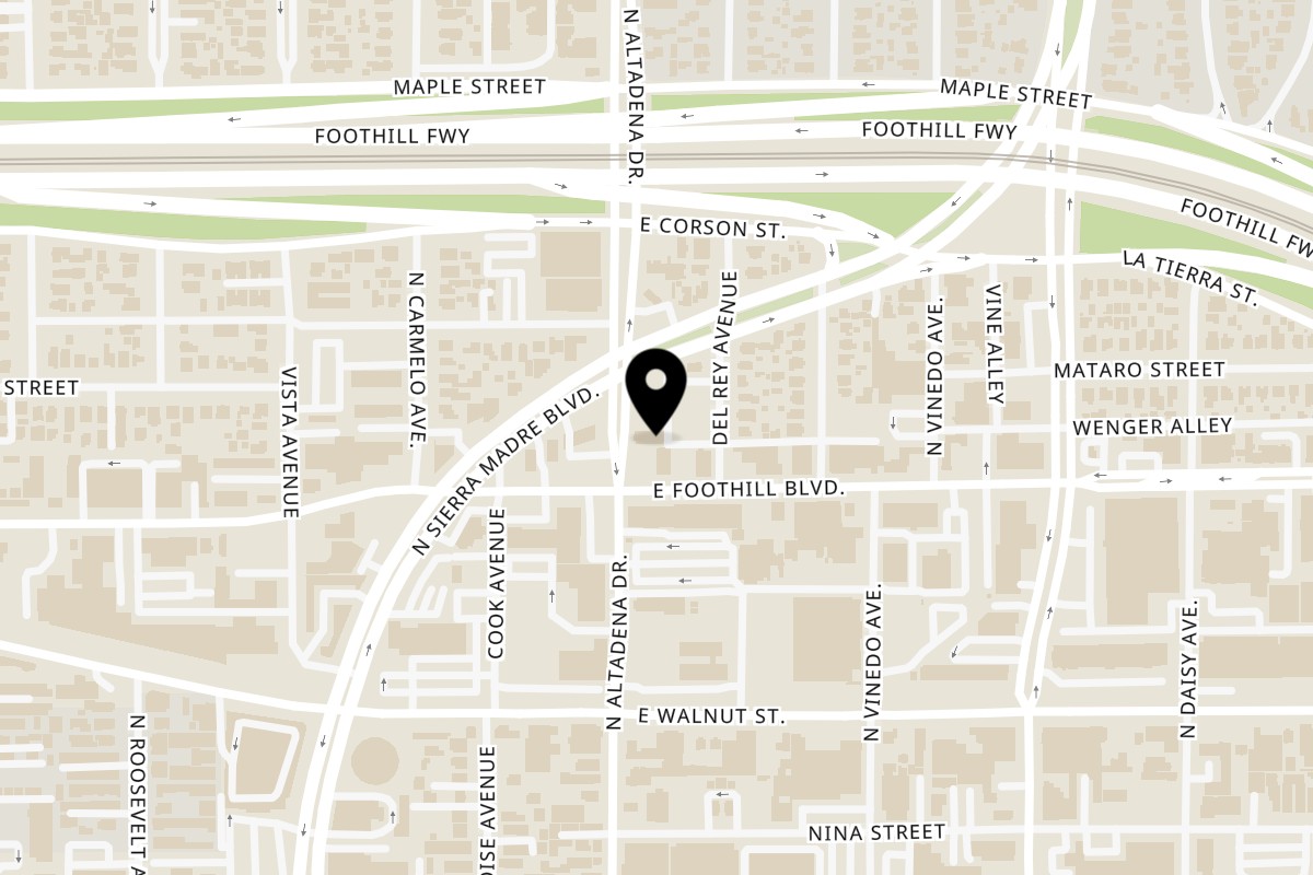 Map showing the location of B.C's Donuts on 2525 E Foothill Blvd in Pasadena